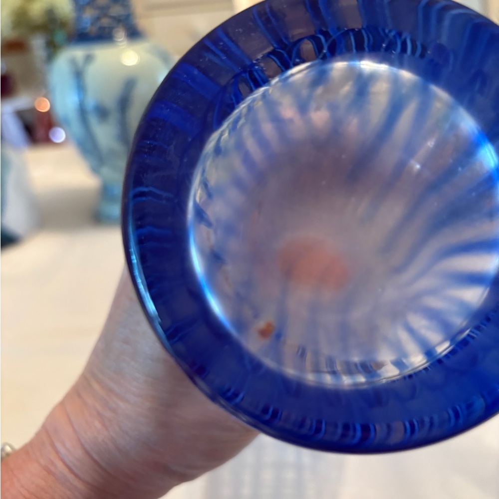 Striped Hand-Blown Glass Vase Blue, White & Yellow - Picture 5 of 8